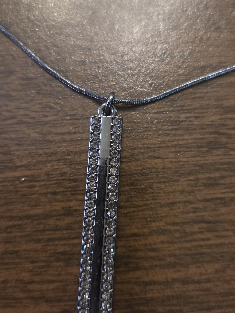 Unisex Nine West Hrey Silver-Tone Vertical Bar Pendant Necklace with Crystals - Picture 3 of 3